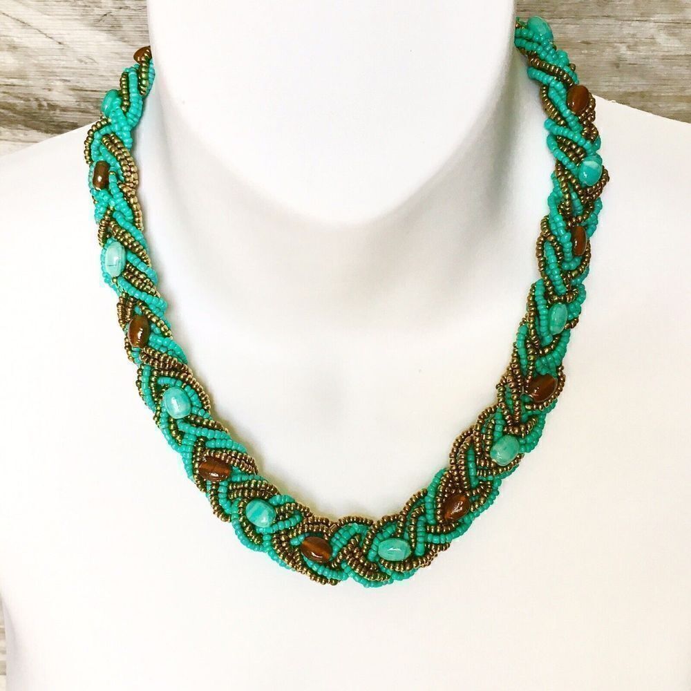 Multi strand teal Green Gold brown seed beaded braided Necklace Collar 4452